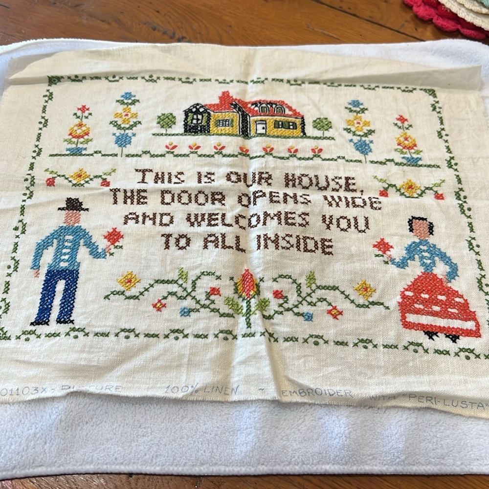 Vintage cross stitch panel on 100% linen.
